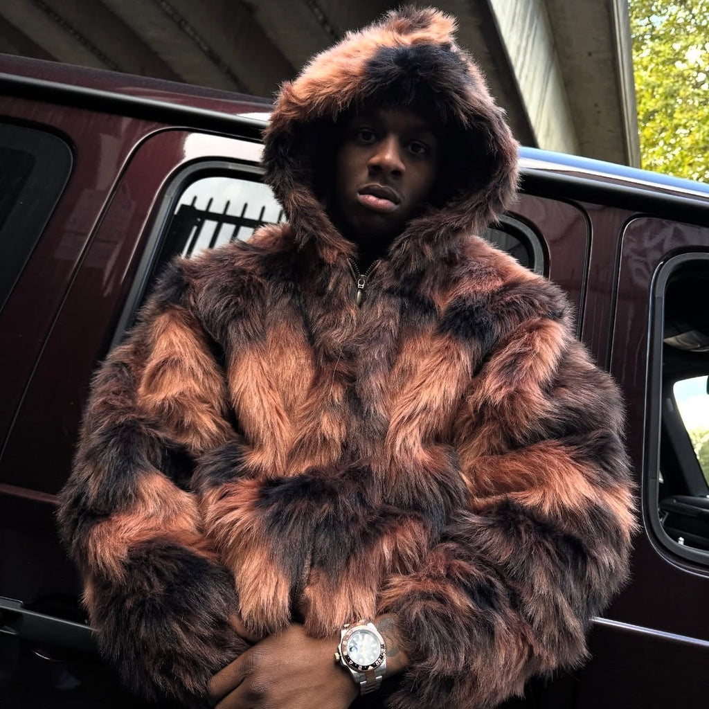 CORTEIZ DIAMOND HOODED FUR JACKET (BROWN)